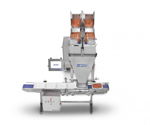 C10 conveyorized weigh filling machine with tray indexing conveyor for packaging machines