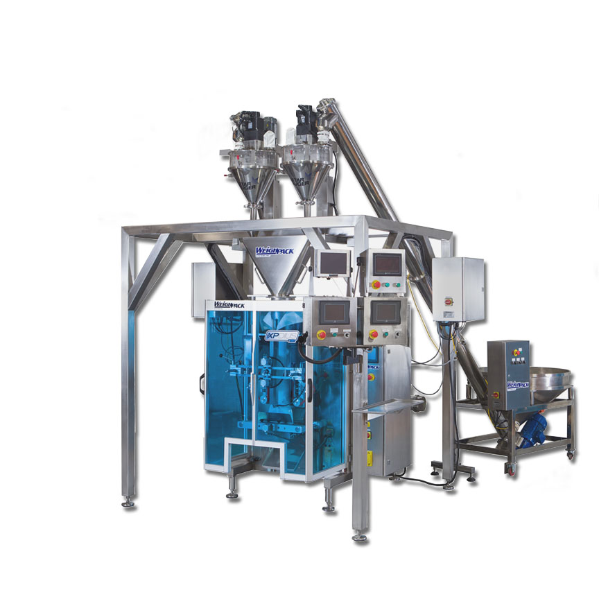 Dual auger filling system for mixing product into packaging machine