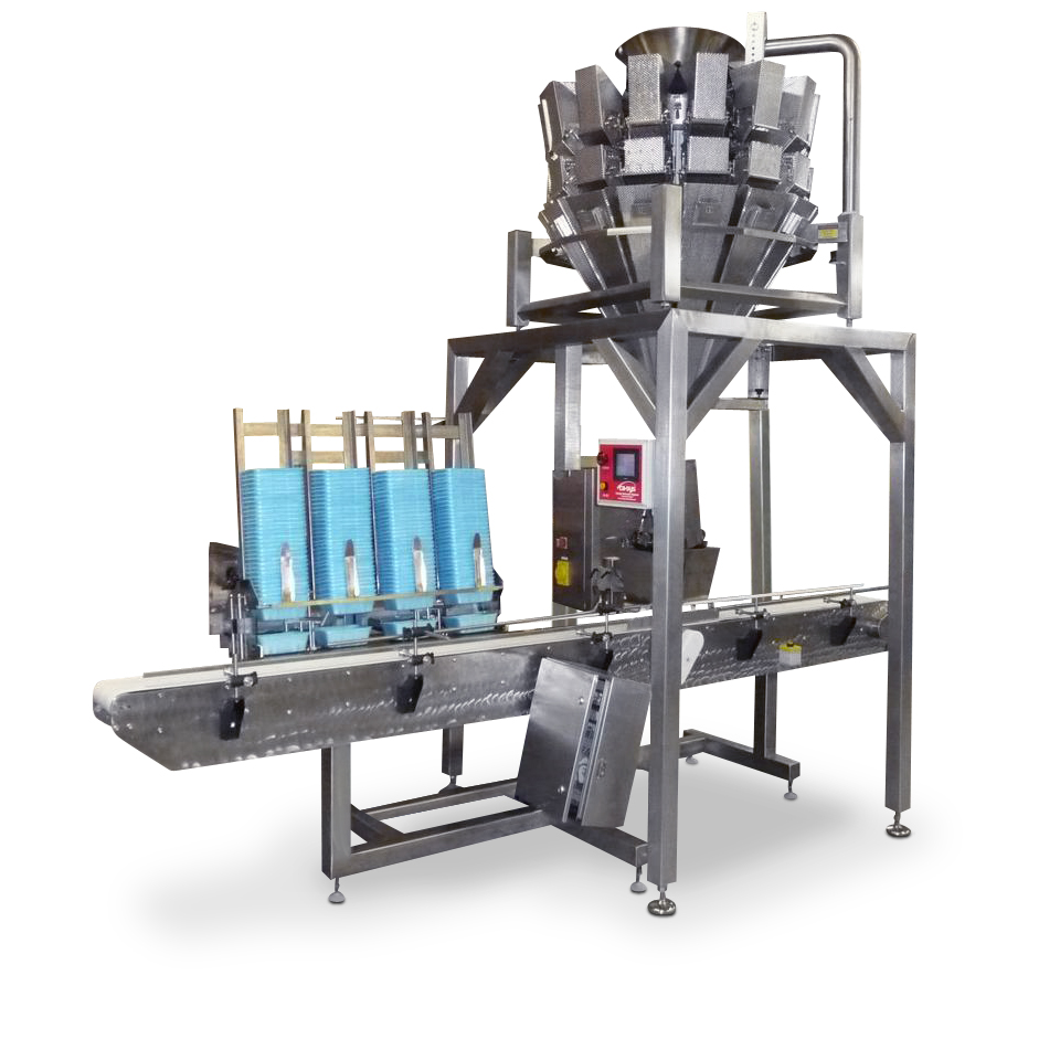 PrimoCombi multihead weigher with container indexing conveyor and denesting machine for trays