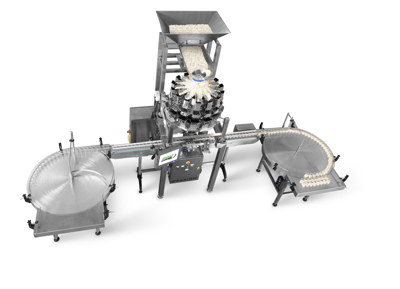 PrimoCombi multihead weigher with container indexing conveyor with unscrambling and accumulation rotary tables for packaging machines
