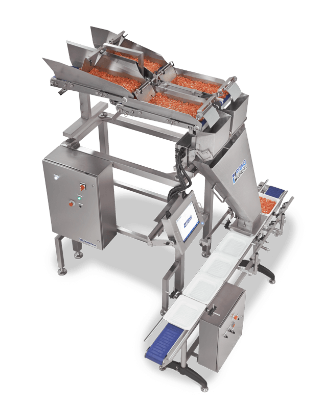 Machine with conveyor for weighing and filling solids into cases and containers