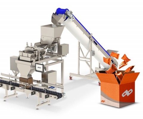 Bulk weigh filler for large formats depositing packaging machine