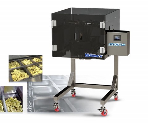 Depositor deposting machine with example end products for packaging machines