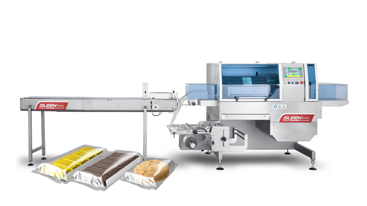 SleekWrapper Inverted horizontal wrapping machine with baked goods for packaging
