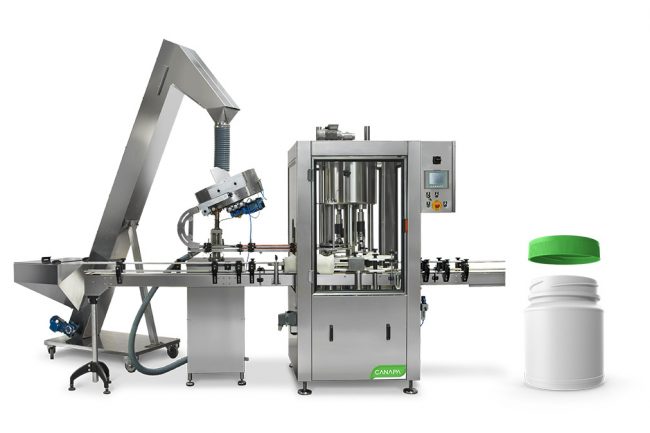 Rotary chuck capping cannabis packaging machine