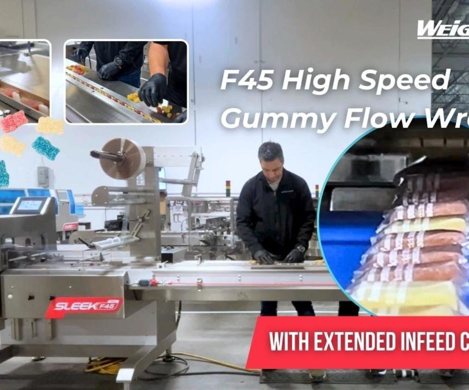 Sleek F45 High-Speed Gummy Flow Wrapping Machine with Extended Infeed Conveyor
